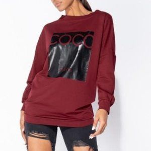 Coco Print Oversized Sweatshirt- Burgundy